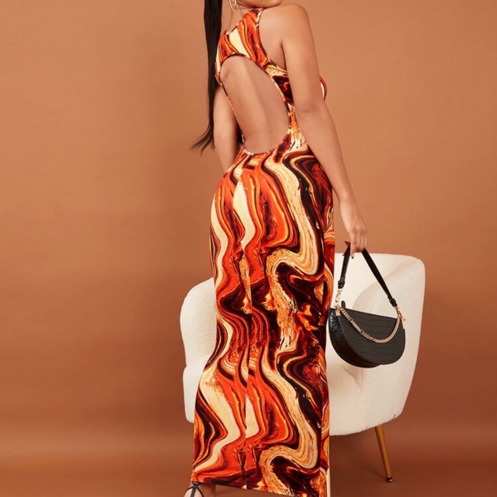 SHEIN Open-Back Marble Print Maxi Dress in Orange